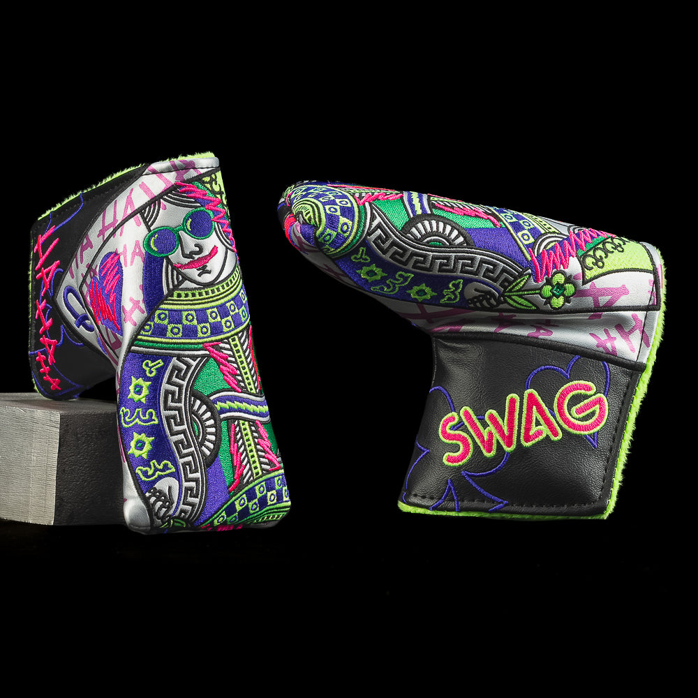 Defaced Queen Blade Putter Cover with neon graffiti Queen of Spades design.