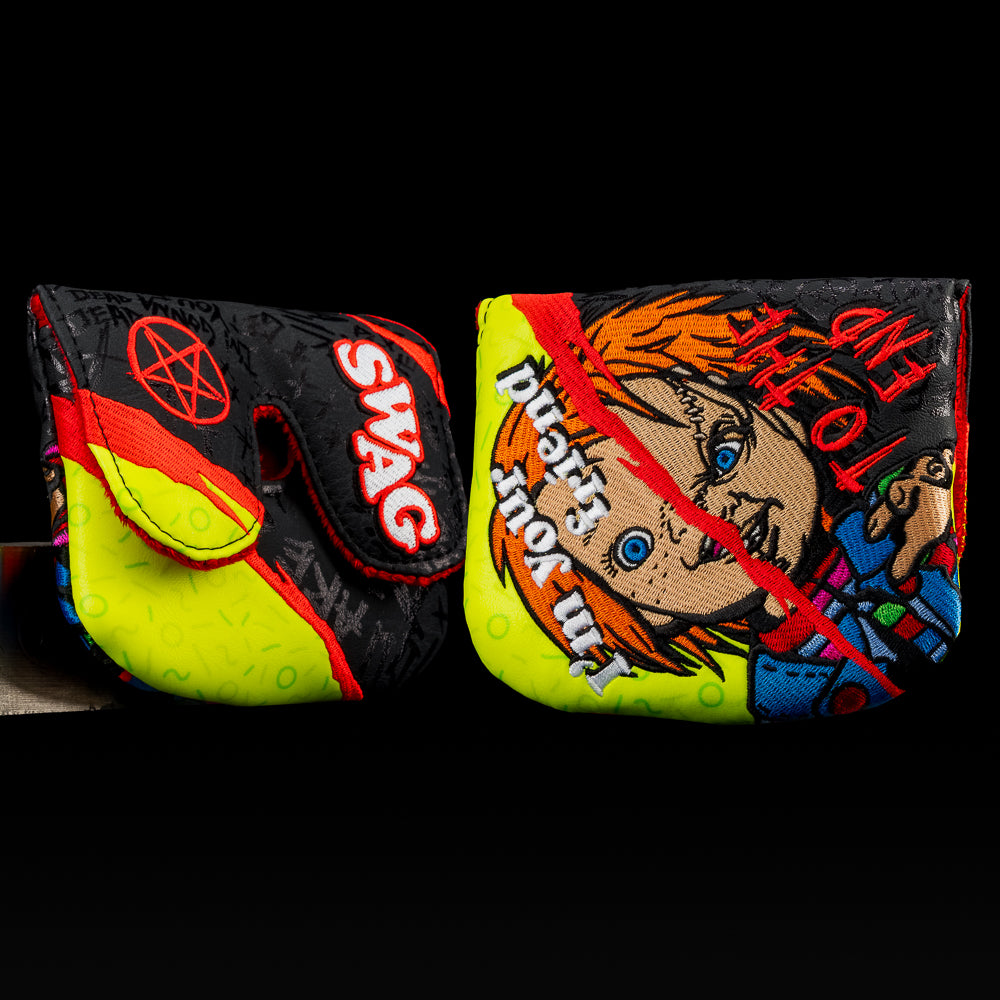 Chucky Large Center Shaft Mallet Cover with neon green and stitched blood-red graffiti details.