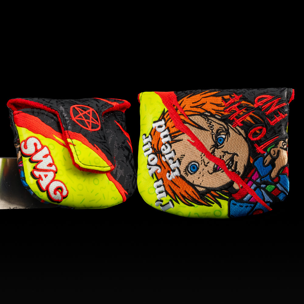 Chucky Friend to the End Mallet Cover with graffiti-style text, neon green, and red slash accents.