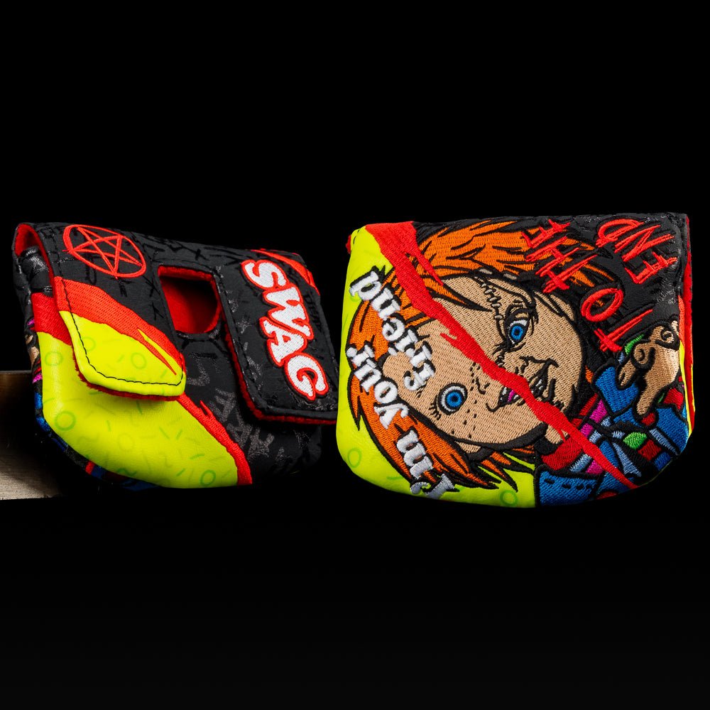 Chucky Small Center Shaft Mallet Cover with neon green, graffiti print, and red slash details.