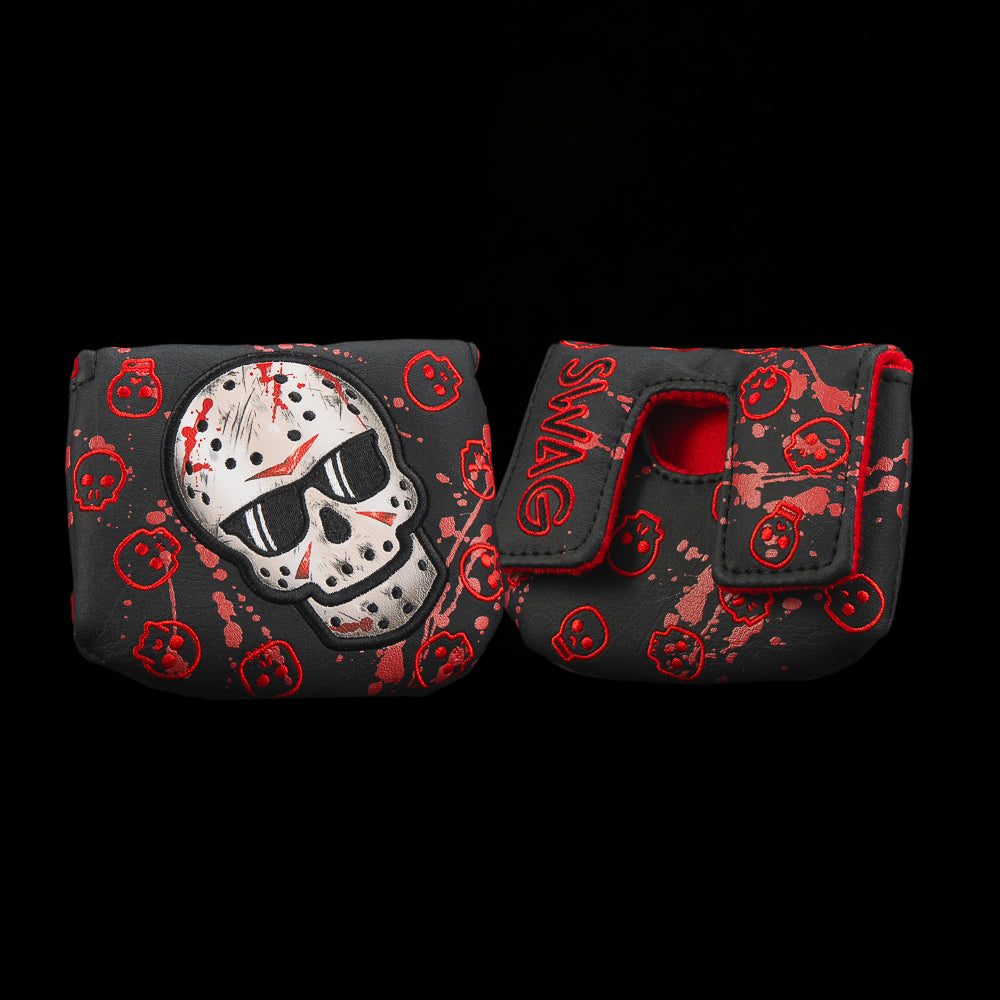 Jason Skull Small Center Shaft Mallet Cover with hockey mask skull and blood-red splatter design.