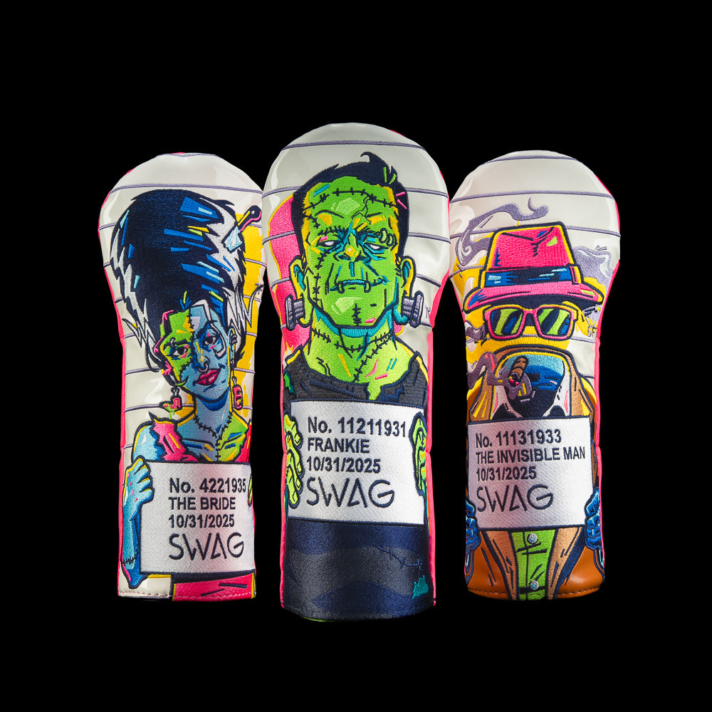 Monster Mugshots Grab Bag Fairway Headcovers with random horror lineup designs (Bride, Invisible Man, Frankie).
