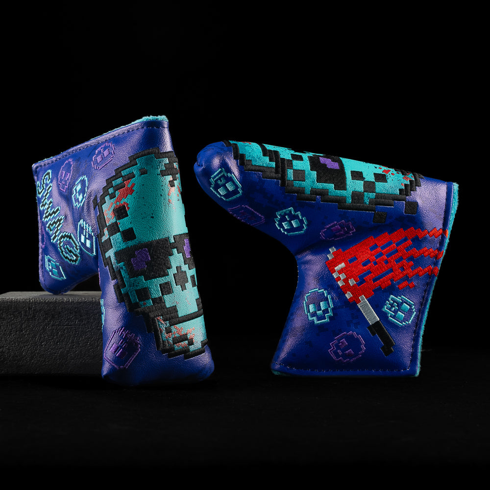 NES Jason Skull Blade Cover featuring pixelated aqua skull and bloodied knife design on purple background.