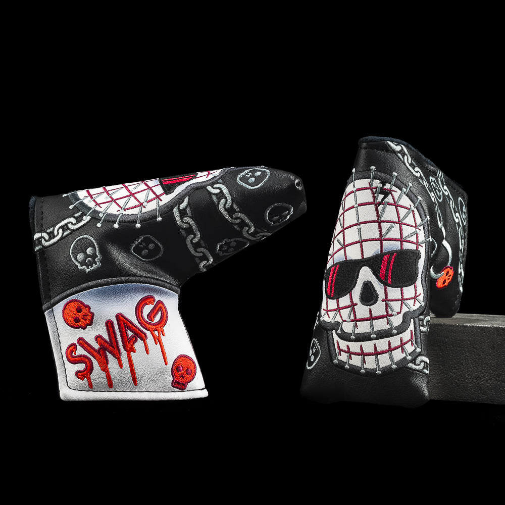 Pin Skull Standard Blade Putter Cover with chain graphics and red pin skull design.