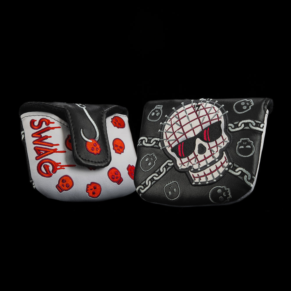 Pin Skull Standard Mallet Putter Cover with red skull pin design and chain graphics.