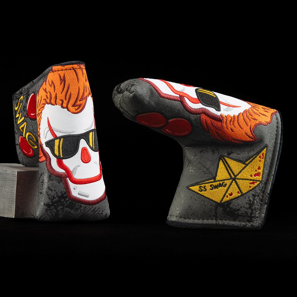 Putterwise Skull Standard Blade Putter Cover with skull clown art, balloons, and paper boat design.