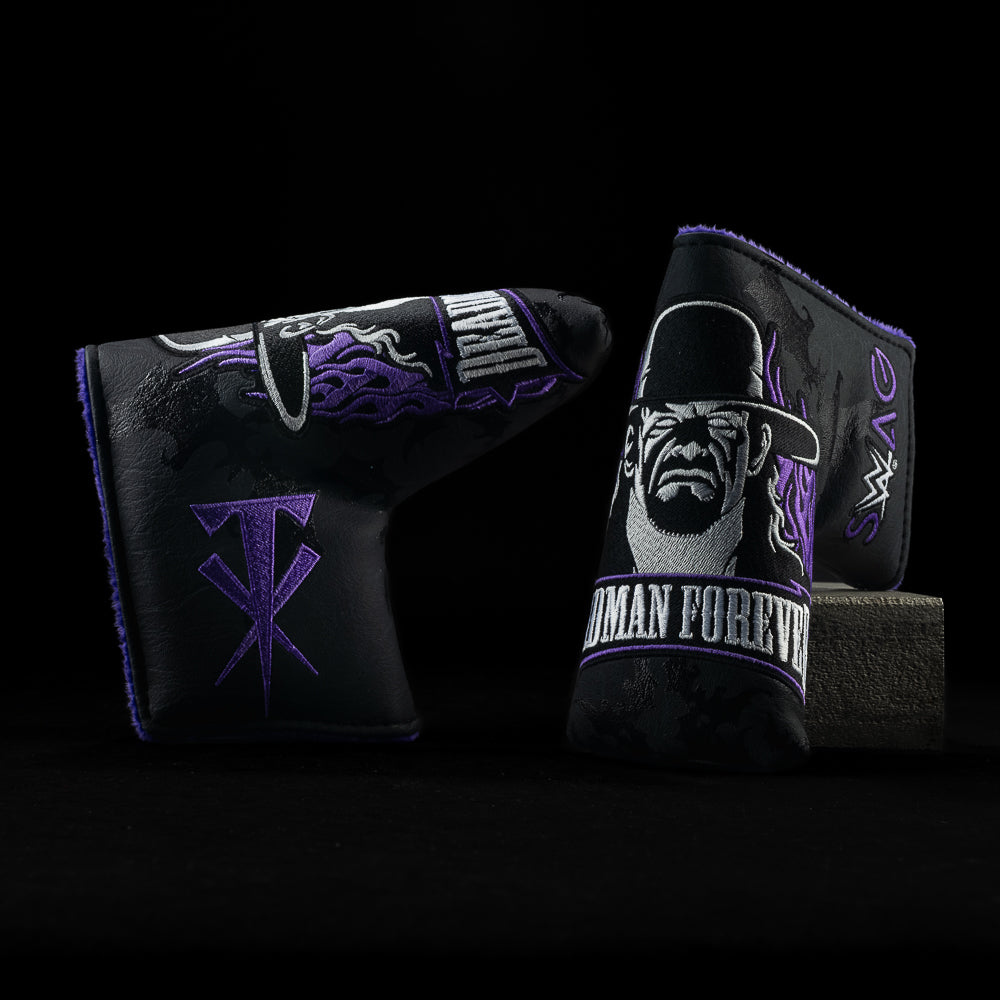 Undertaker Blade Putter Cover with Deadman Forever design in black and purple flame stitching.