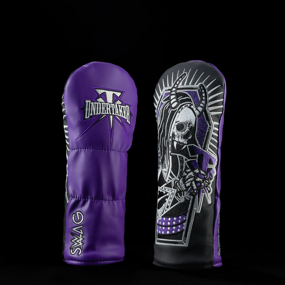 Reap What You Sew Fairway Cover with horned skeleton Undertaker-inspired design in black and purple.