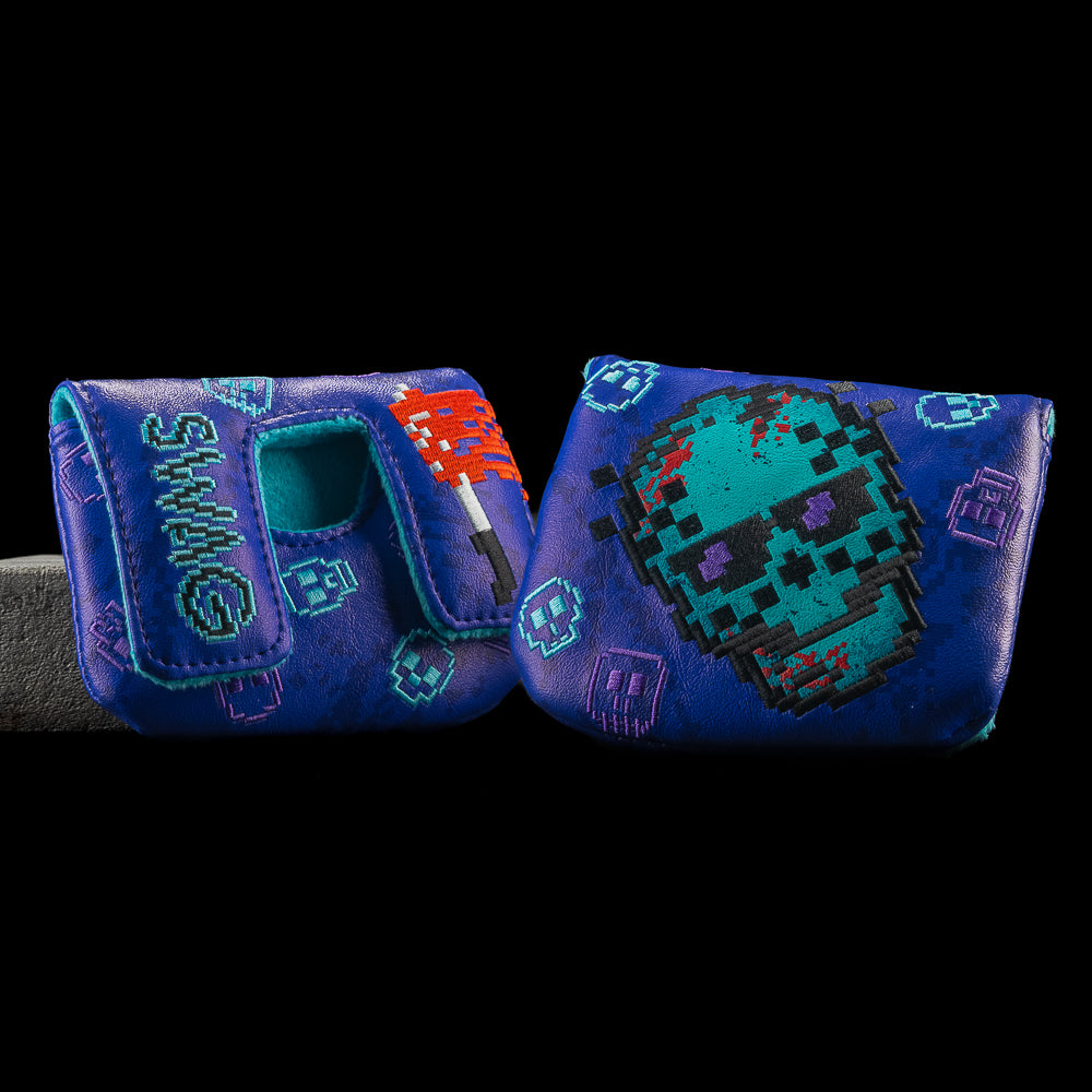 NES Jason Skull Mallet Putter Cover with pixelated skull and stitched knife design in aqua and purple.