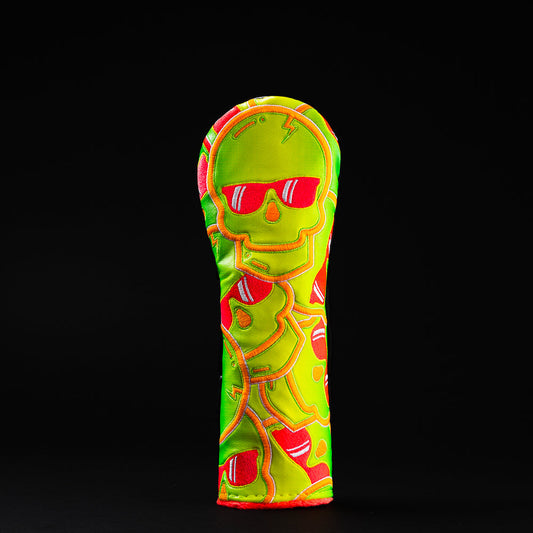 Swag stacked skulls 2.0 green, yellow, red, and orange hybrid wood golf head cover.