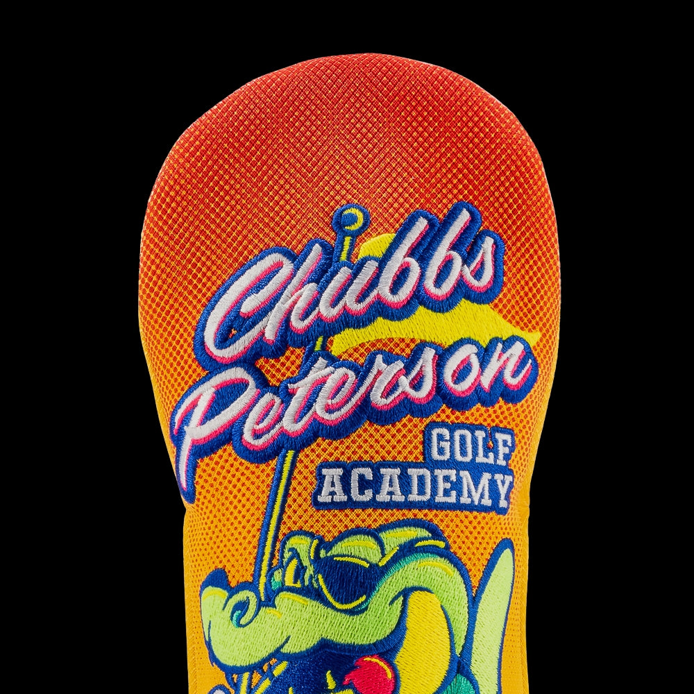 Rewind Golf x Happy Gilmore officially licensed Chubbs Peterson Golf Academy movie themed yellow and orange fairway wood golf headcover.