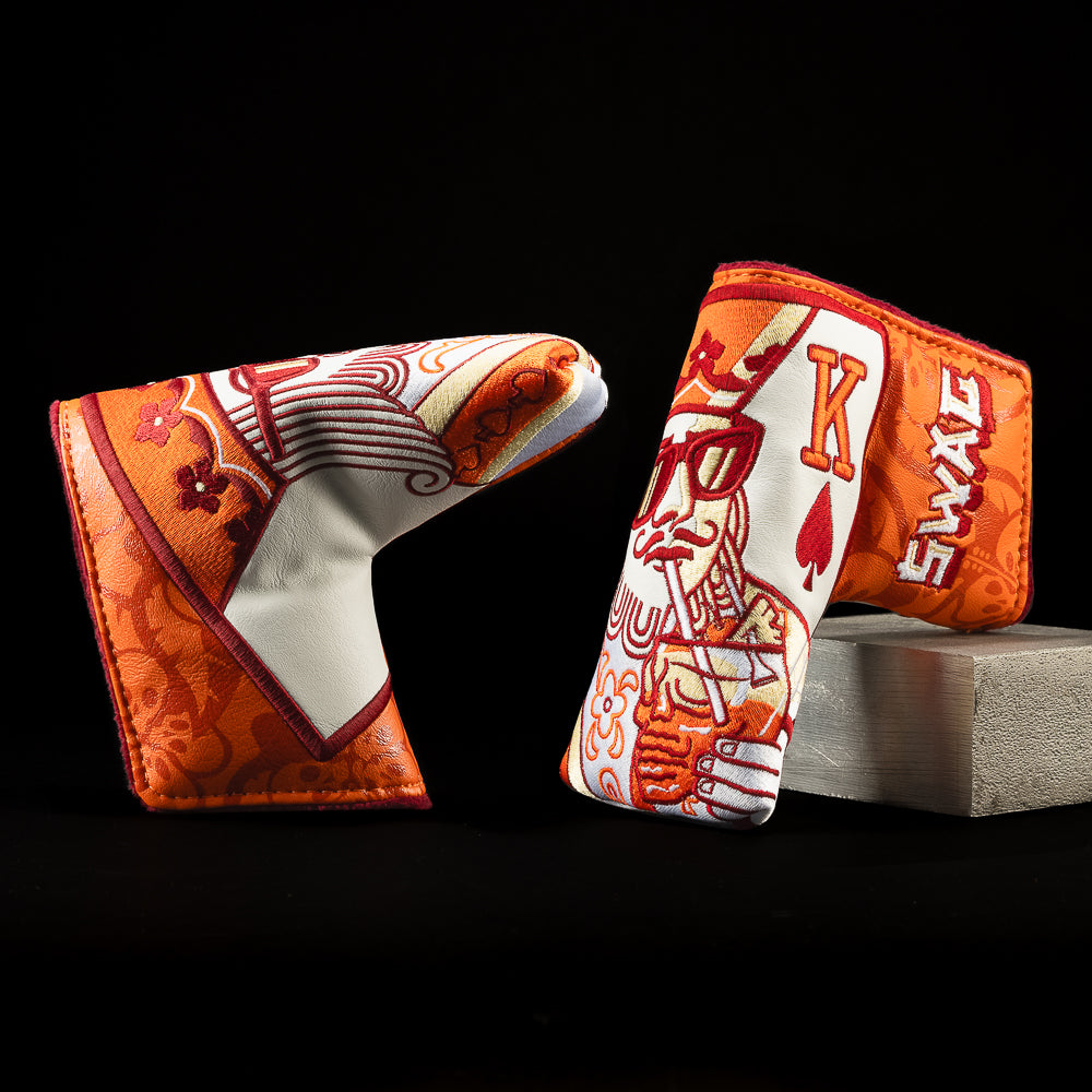 SWAG Golf King of Hawaii orange and white blade golf headcover made in the USA.