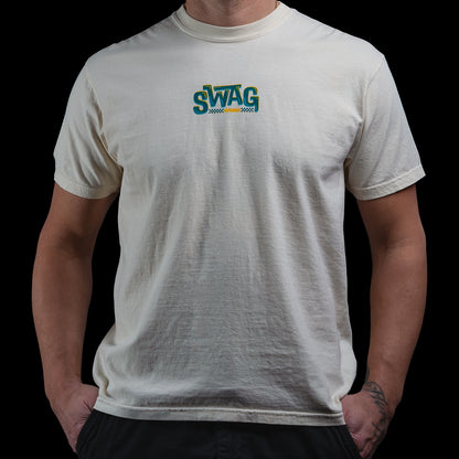 Cream SWAG Golf Birdies & Barrels T-shirt with small teal and yellow SWAG logo printed on the chest.
