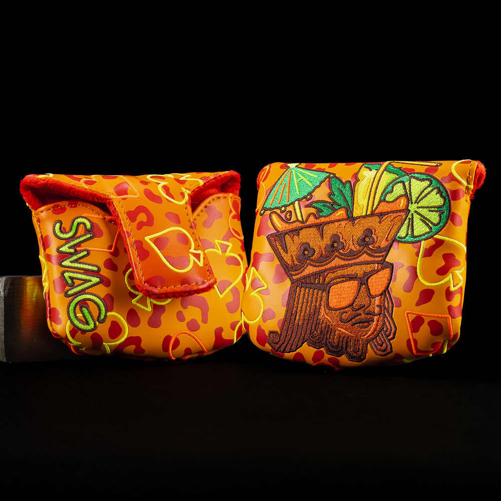 SWAG Golf Mai Tai King mallet putter cover with bold tiki artwork, tropical cocktail graphics, and premium construction.