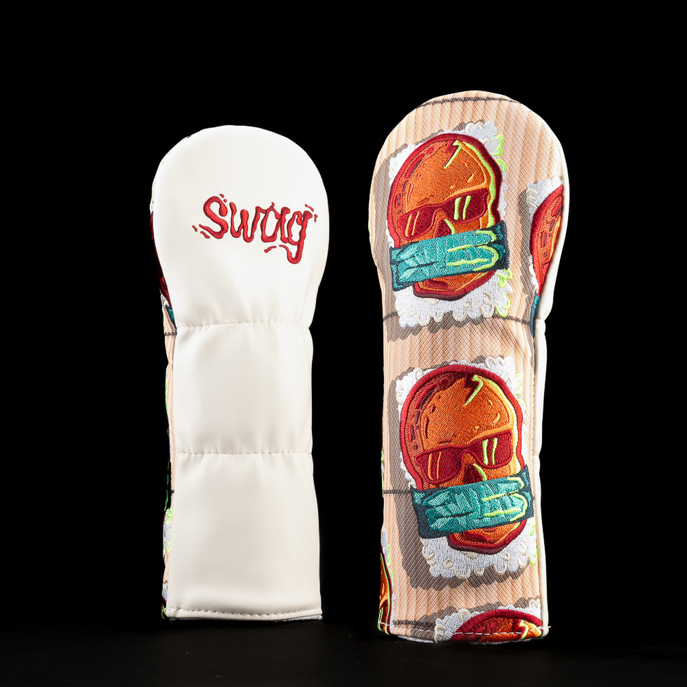 SWAG Golf Masubi Skulls fairway headcover with repeating skull artwork and rice-printed sublimated fur lining.