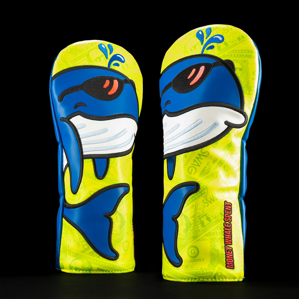 SWAG Golf Money Whale Spent driver headcover made with real leather, featuring whale artwork and bold money graphics.
