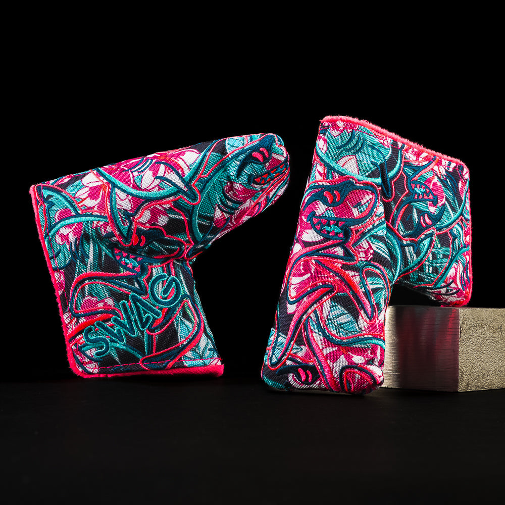 SWAG Golf Stacked Sharks blade putter cover featuring layered shark artwork and bold floral graphics.