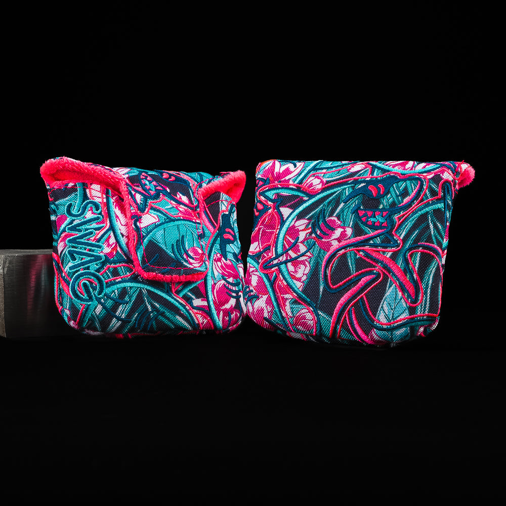SWAG Golf Stacked Sharks mallet putter cover with layered shark artwork and bold floral pattern design.