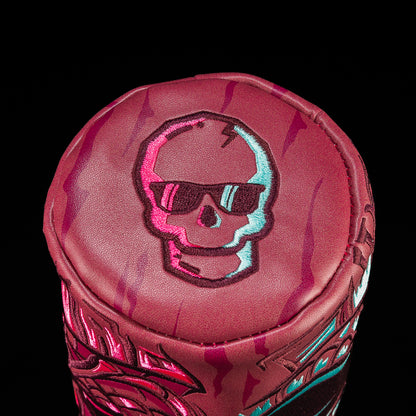 Top view of the Teeki Barrel Fairway Cover. Featuring the signature SWAG skull. 
