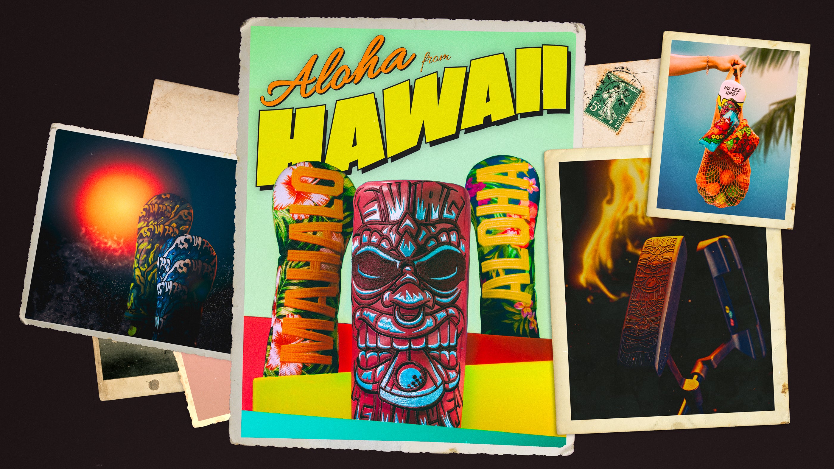 Colorful 'Aloha from Hawaii' poster with tiki designs and vintage-style photos on a black background. SWAG Golf limited edition Hawaii themed golf gear collection.