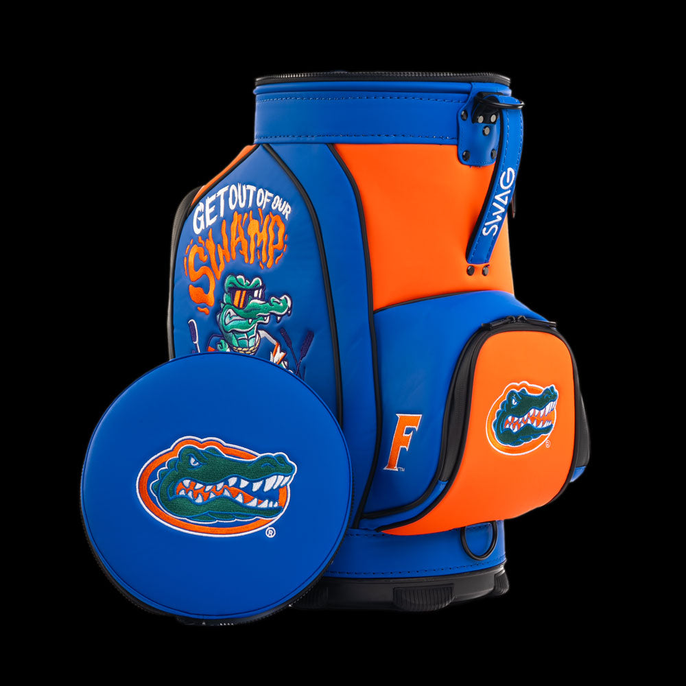 Florida Gators Get Out of Our Swamp Den Caddy Cooler in orange and blue with gator mascot artwork, Florida logos, and swamp-inspired graphics