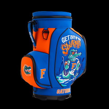 Florida Gators Get Out of Our Swamp Den Caddy Cooler featuring illustrated gator artwork, Get Out of Our Swamp lettering, and orange side pockets