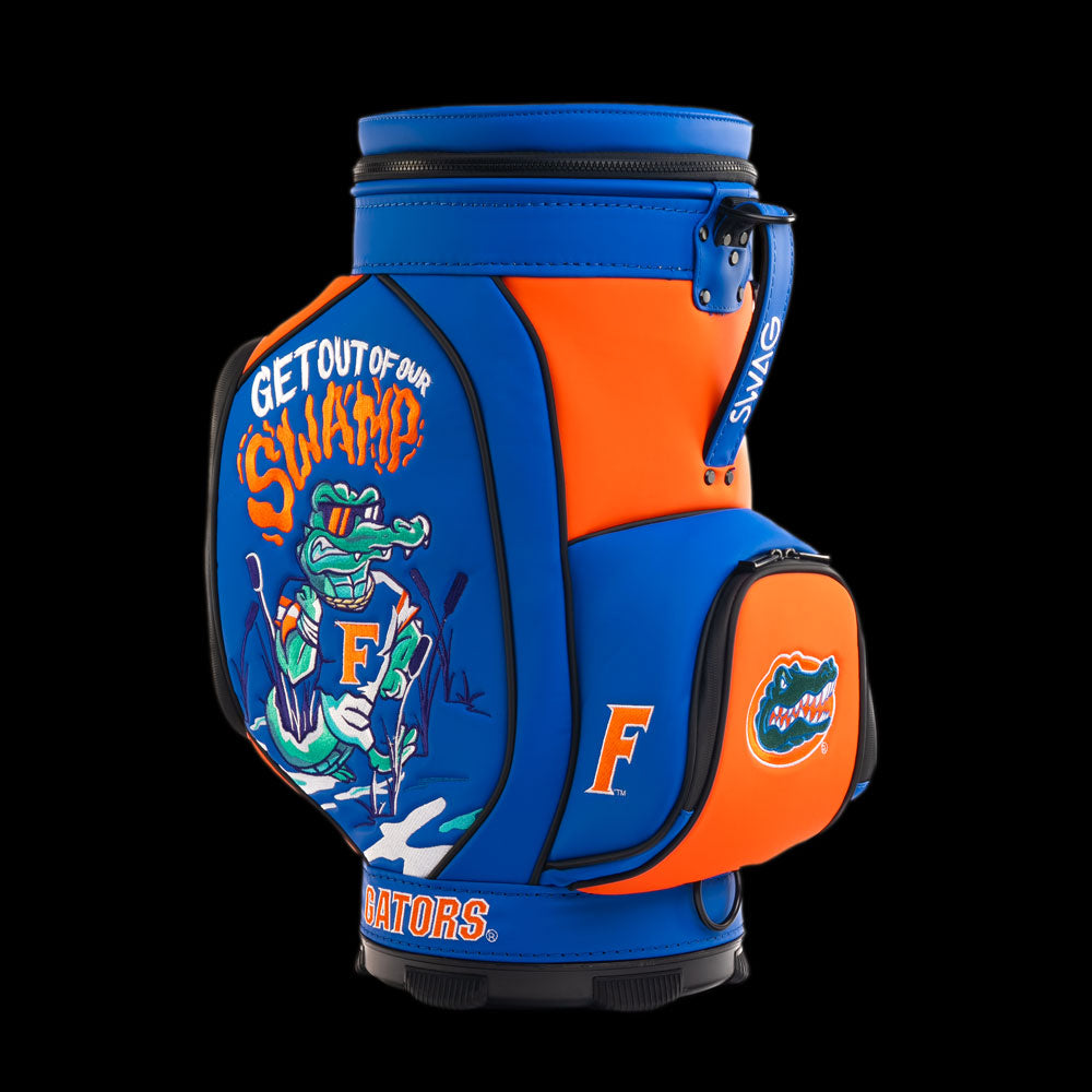Florida Gators Get Out of Our Swamp Den Caddy Cooler with snarling gator mascot artwork, swamp graphics, orange panels, and blue trim