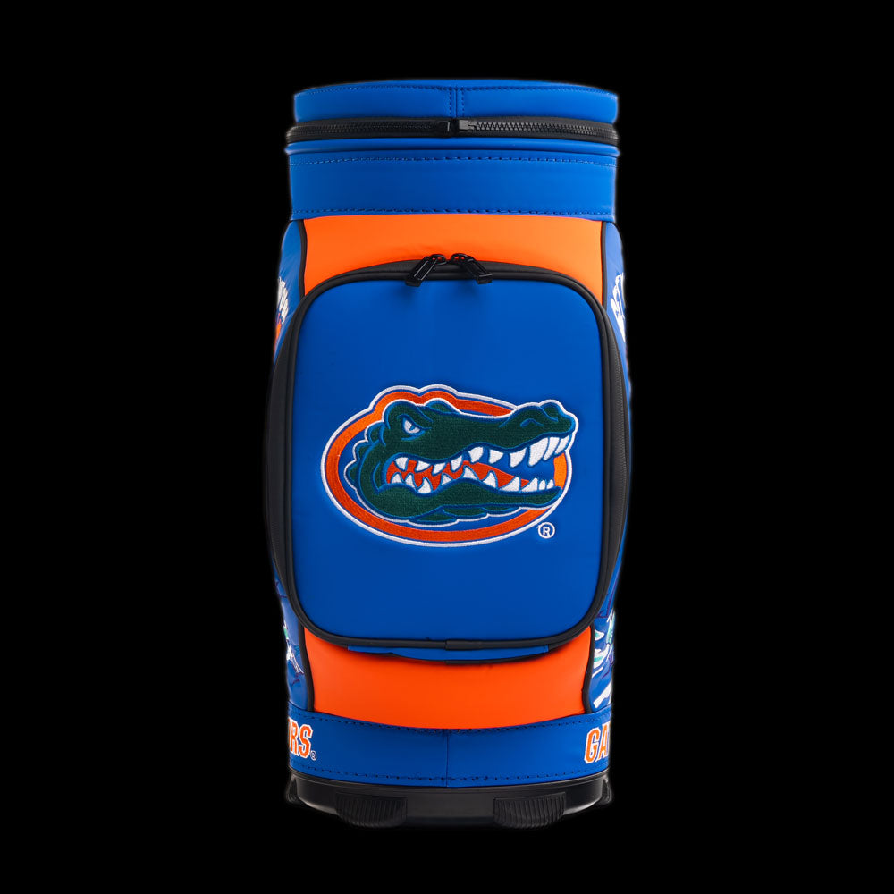 Florida Gators Get Out of Our Swamp Den Caddy Cooler featuring orange center panel and classic Florida Gators logo on blue pocket