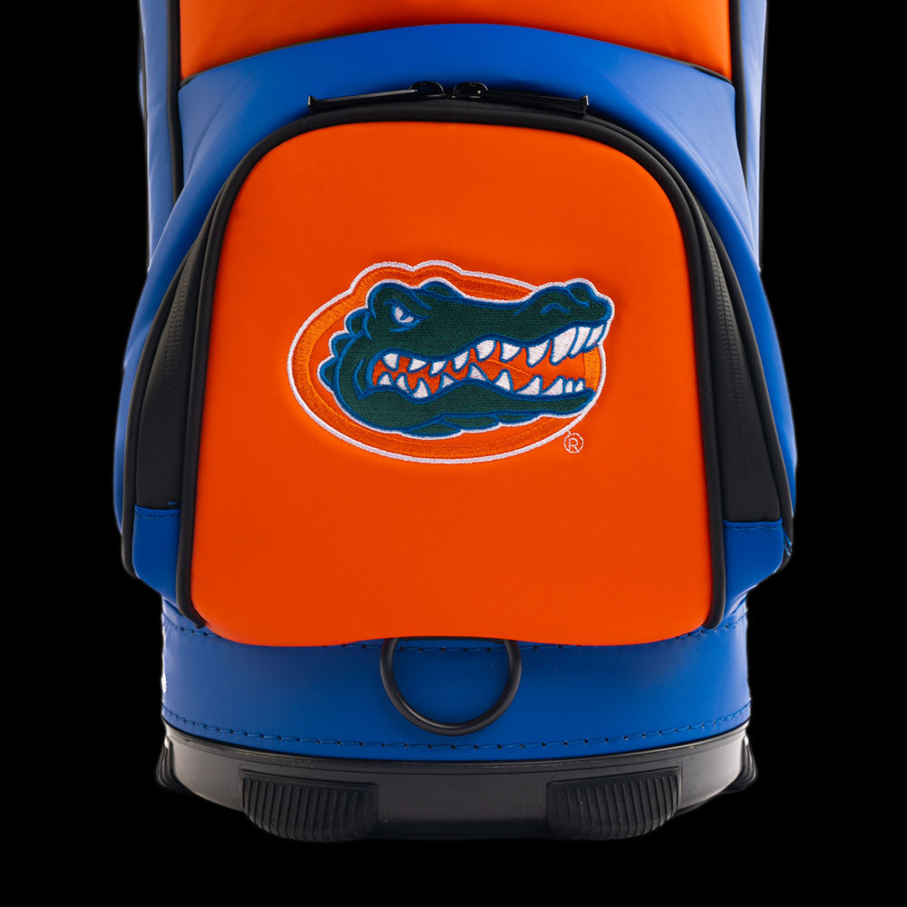 Florida Gators Get Out of Our Swamp Den Caddy Cooler front pocket featuring Florida Gators logo on bright orange