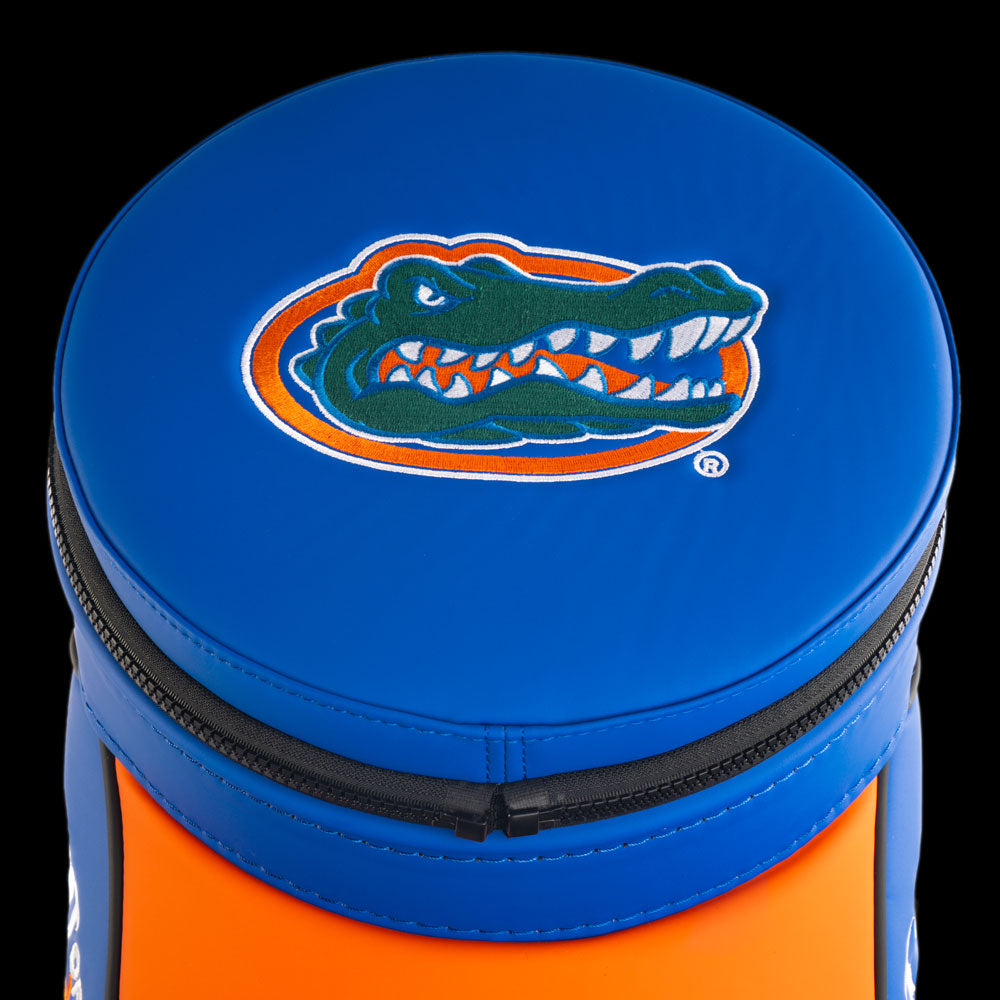 Florida Gators Get Out of Our Swamp Den Caddy Cooler top detail featuring Florida Gators logo on royal blue