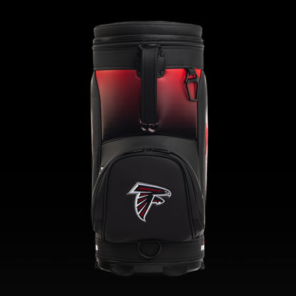 Rear view of the SWAG Golf Atlanta Falcons Den Caddy Cooler highlighting the rear storage pocket and embroidered Falcons logo.