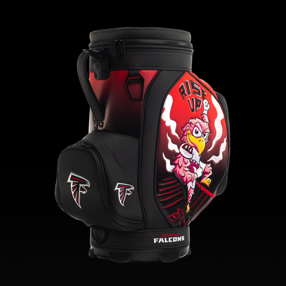 Side view of the SWAG Golf Atlanta Falcons Den Caddy Cooler showcasing the "Rise Up" falcon mascot graphic, embroidered Falcons logos.