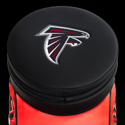 Top view of the SWAG Golf Atlanta Falcons Den Caddy Cooler displaying the embroidered Atlanta Falcons logo on the lid with a premium black finish.