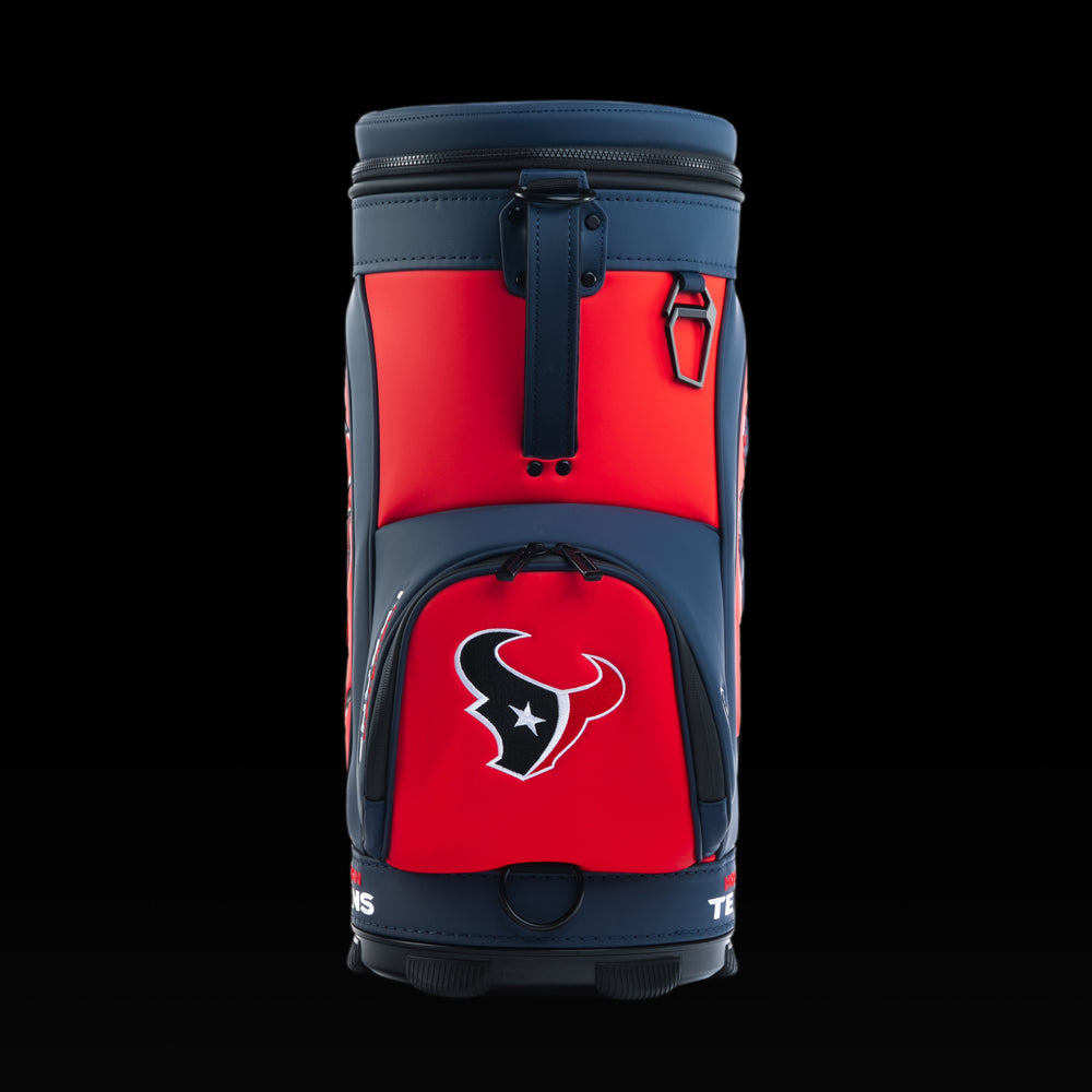 Rear view of the SWAG Golf Houston Texans Den Caddy Cooler with an embroidered Texans logo on the front pocket.