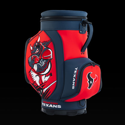 SWAG Golf Houston Texans Den Caddy Cooler featuring charging bull artwork, bold navy and red graphics, and an embroidered Texans logo pocket.