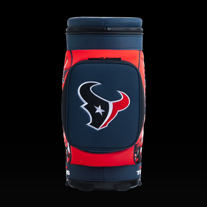 Front view of the SWAG Golf Houston Texans Den Caddy Cooler with navy and red color blocking.