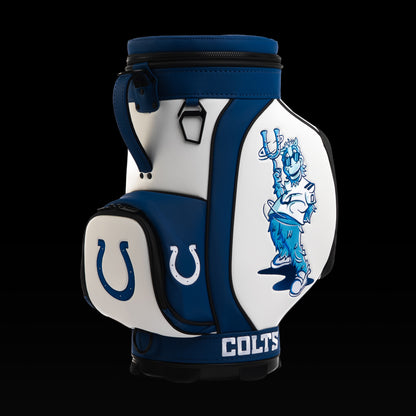Angled view of the SWAG Golf Indianapolis Colts Den Caddy Cooler showcasing the vintage Colts mascot artwork and embroidered horseshoe pocket.