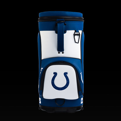 Rear view of the SWAG Golf Indianapolis Colts Den Caddy Cooler with royal blue and white color blocking.
