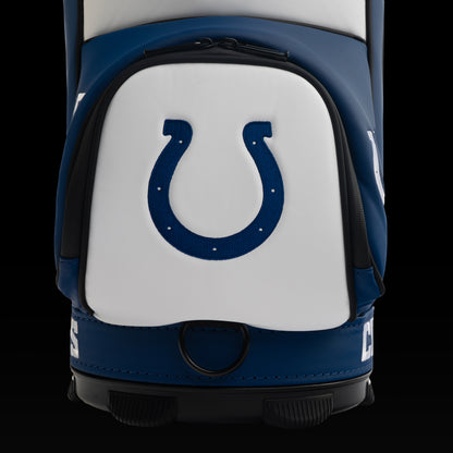 Close-up of the embroidered Colts horseshoe on the front pocket with the vintage mascot artwork in the background.