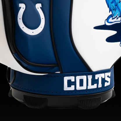 Close-up of the bottom of the Indianapolis Colts Den Caddy Cooler with Colts typography and Colts horseshoe logo.