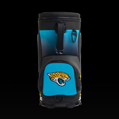 Rear view of the SWAG Golf Jacksonville Jaguars Den Caddy Cooler with teal and black color blocking.