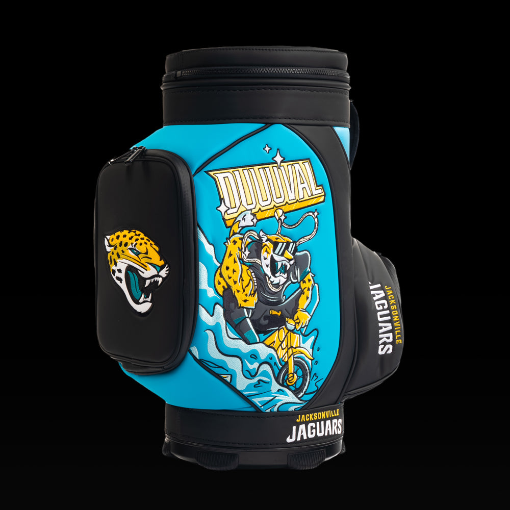 SWAG Golf Jacksonville Jaguars Den Caddy Cooler featuring "Duuuval" artwork, teal and black graphics, and an embroidered Jaguars logo pocket.