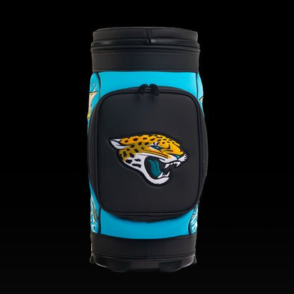 Front view of the SWAG Golf Jacksonville Jaguars Den Caddy Cooler with an embroidered Jaguars logo on the front pocket.