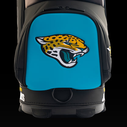 Close-up of the SWAG Golf Jacksonville Jaguars Den Caddy Cooler with an embroidered Jaguars logo on the front pocket.