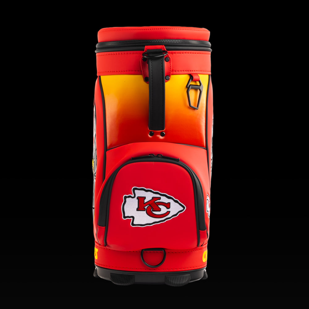 Front view of the SWAG Golf Kansas City Chiefs Den Caddy Cooler with an embroidered Chiefs logo on the front pocket.