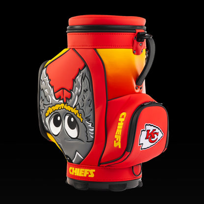 SWAG Golf Kansas City Chiefs Den Caddy Cooler featuring cartoon wolf artwork, bold red and gold graphics, and an embroidered Chiefs logo pocket.