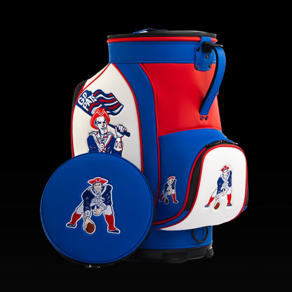 New England Patriots Den Caddy Cooler displayed with the removable embroidered lid beside the cooler.