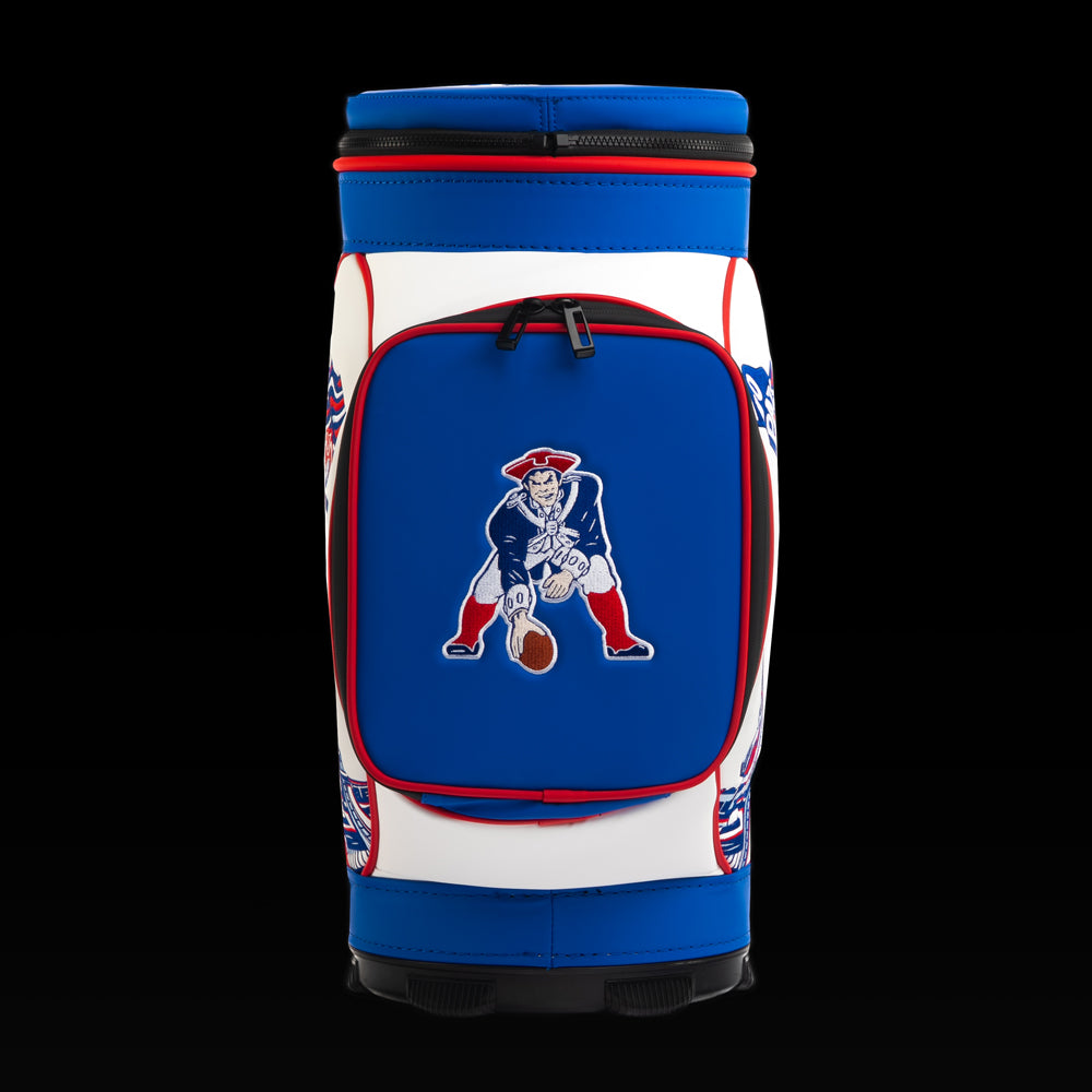 Front view of the SWAG Golf New England Patriots Den Caddy Cooler with an embroidered Pat Patriot logo on the front pocket.