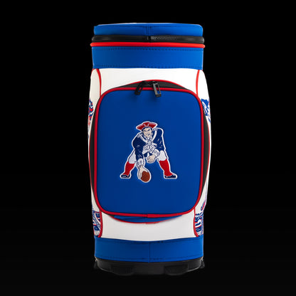 Front view of the SWAG Golf New England Patriots Den Caddy Cooler with an embroidered Pat Patriot logo on the front pocket.