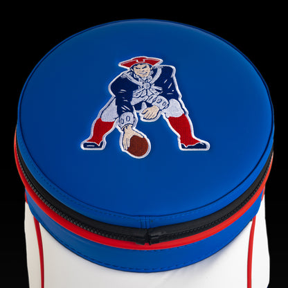 Top view of the removable New England Patriots lid with an embroidered Pat Patriot logo.